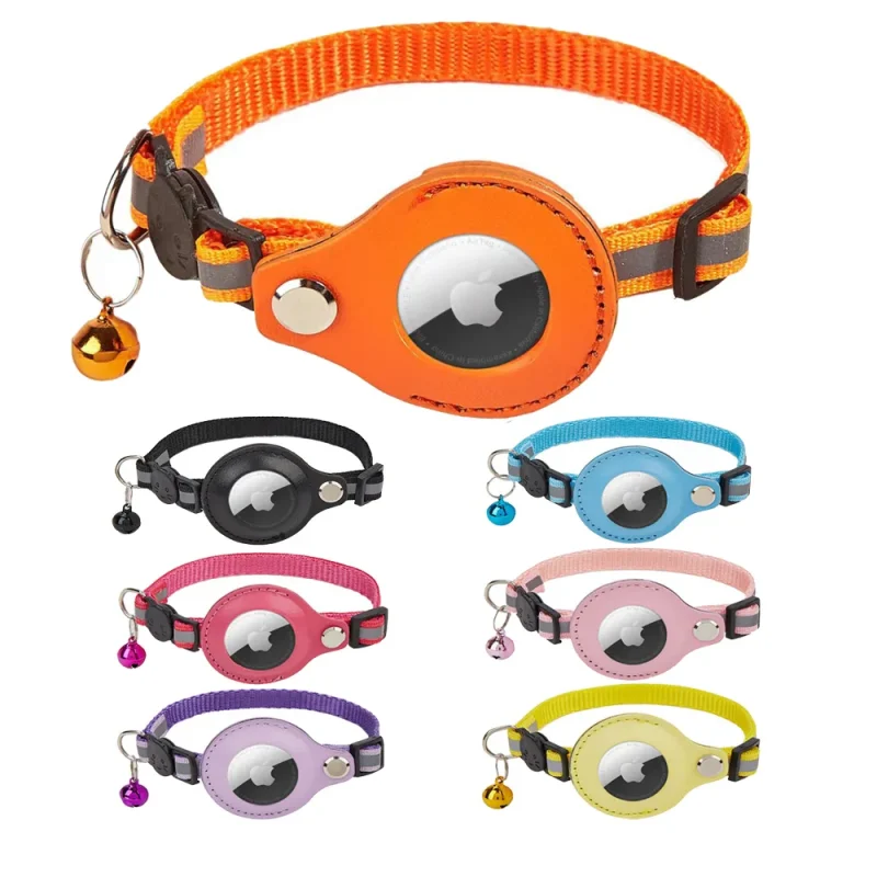reflective adjustable cat collar with airtag holder and bell multi-color options