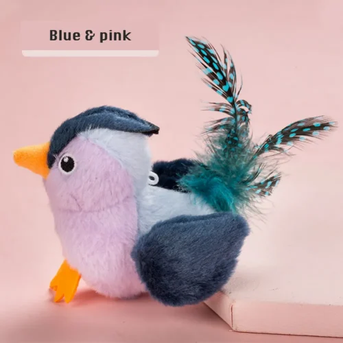 cat simulation toy plush bird blue and pink color