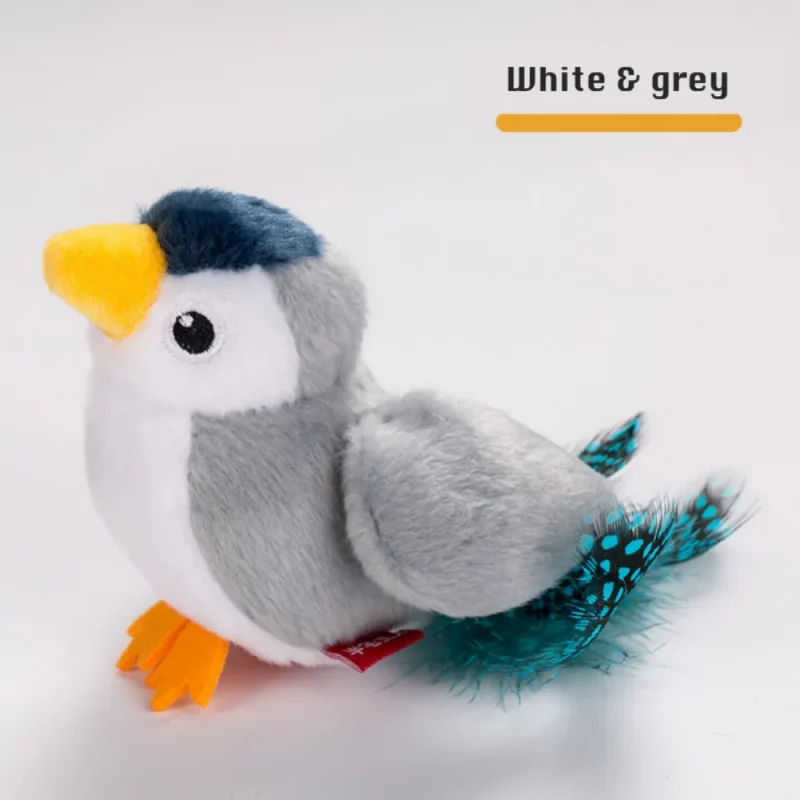 cat simulation toy plush bird white and grey color