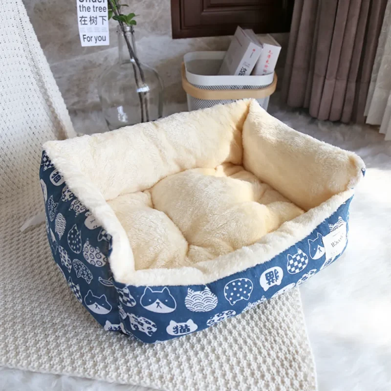 rectangle pet bed with removable cushion for cats blue cat pattern printed