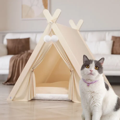 solid wood indoor tent with thick mat cute cat teepee cave bed