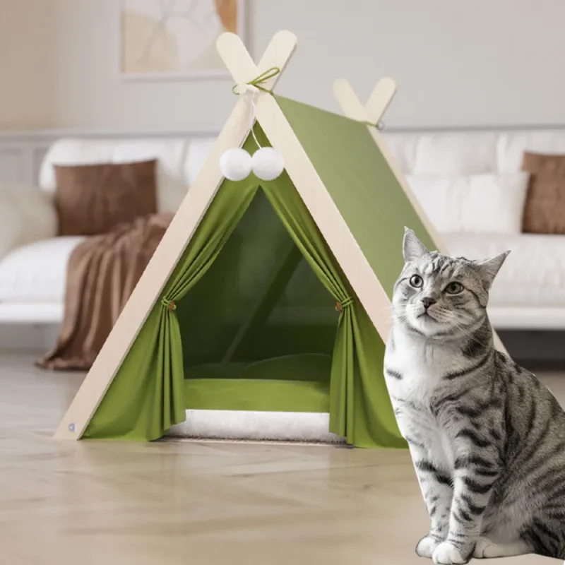 solid wood indoor tent with thick mat cute cat teepee cave bed
