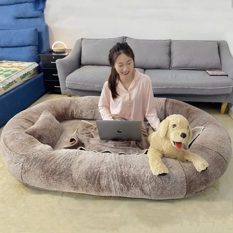 detachable anti-slip large comfortable plush bed for human and pet