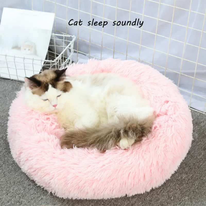 soft luxury non-slip bottom plush pet cushion round cat dog bed pink color cat sleep soundly