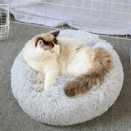 soft luxury non-slip bottom plush pet cushion round cat dog bed light grey color