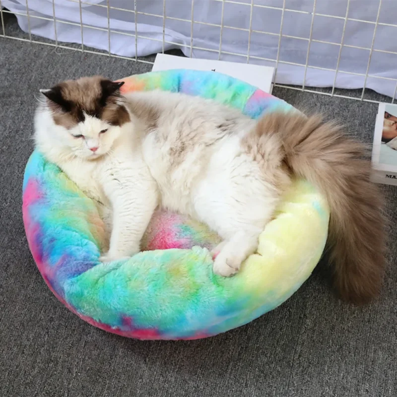 soft luxury non-slip bottom plush pet cushion round cat dog bed colorful