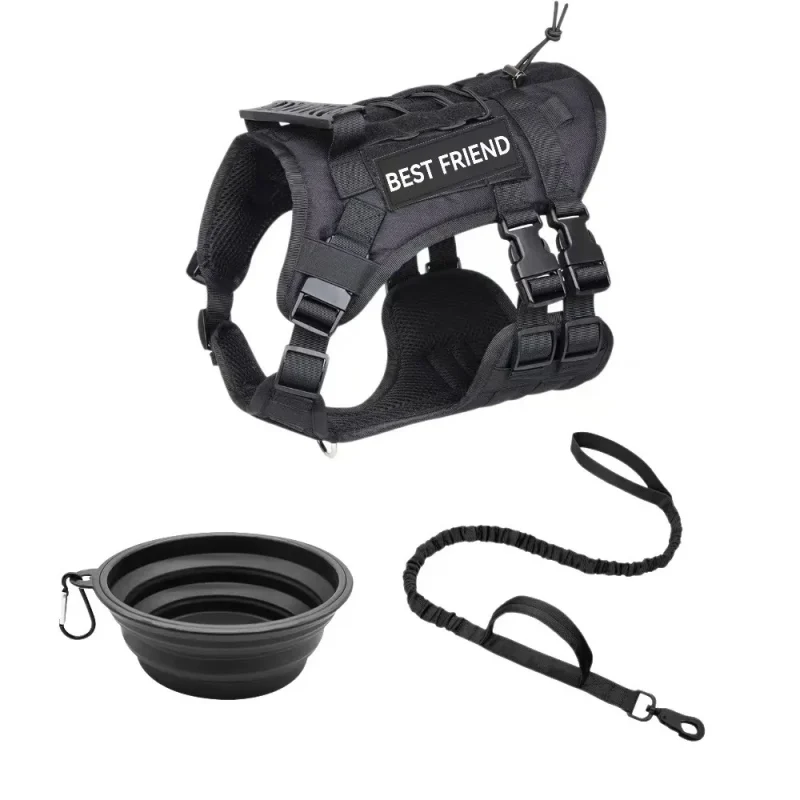 black tactical harness with foldable bowl and leash