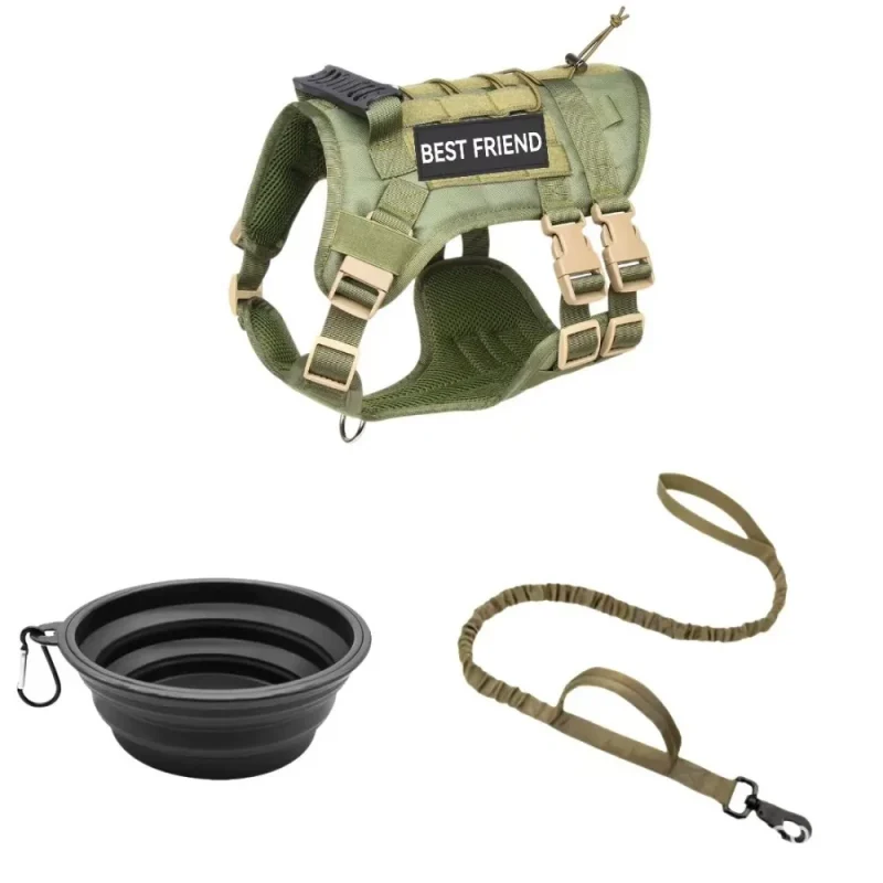 green tactical harness with foldable bowl and leash