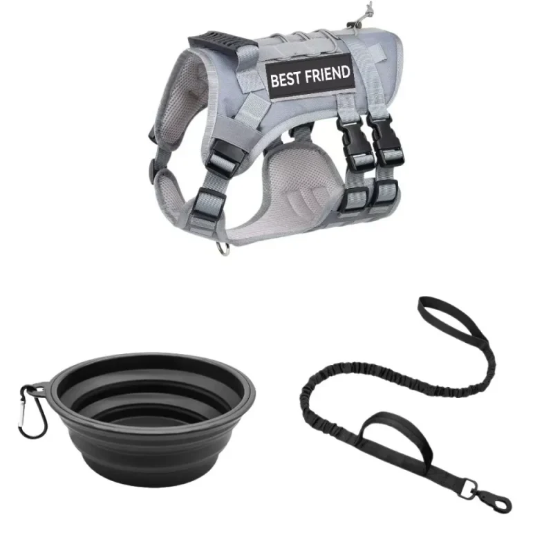 gray tactical harness with foldable bowl and leash