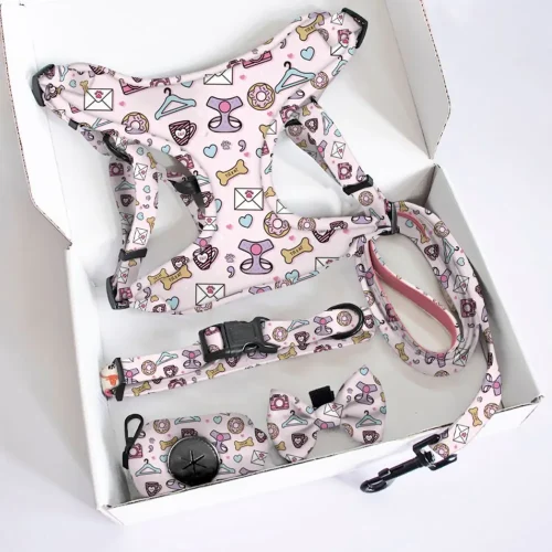 padded step in puppy adjustable soft dog harness bandana bowknot poop bag collar and leash set custom print pattern acceptable