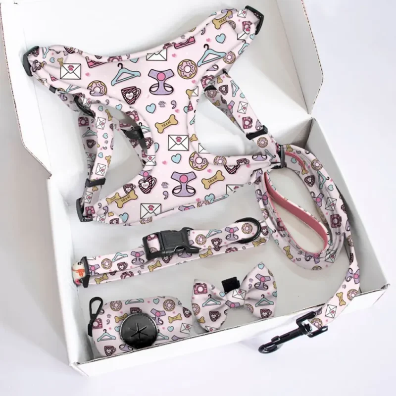 padded step in puppy adjustable soft dog harness bandana bowknot poop bag collar and leash set custom print pattern acceptable
