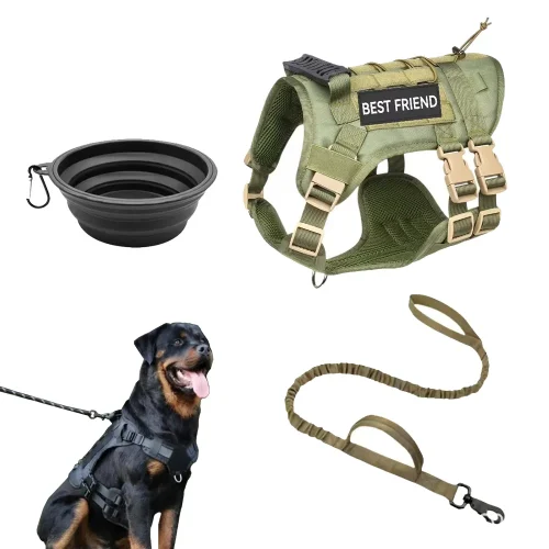 tactical harness with foldable bowl and leash