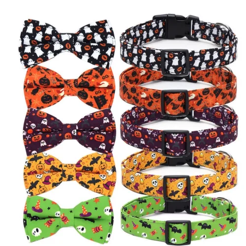 Halloween Dog Bowtie Collar Skull Pumpkin Bat Ghost Pattern Dog Collars
