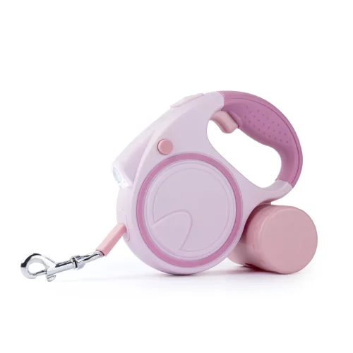 automatic retractable dog leash with flash light and dispenser pink color