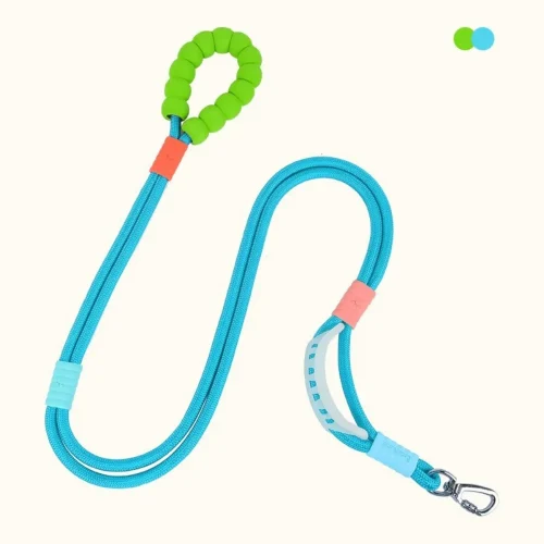 heavy duty double handle dog training leash crossbody waist leash blue color and green handle
