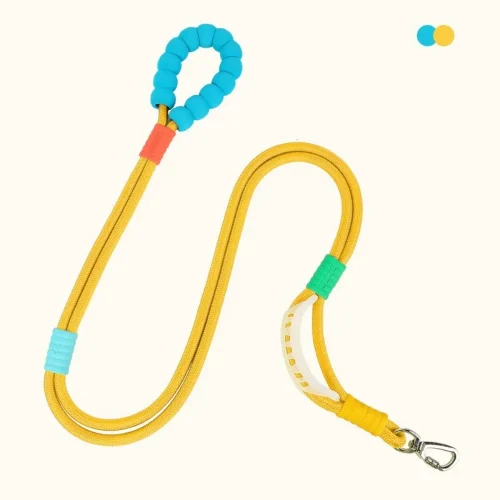 heavy duty double handle dog training leash crossbody waist leash yellow color and blue handle