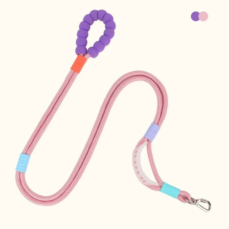 heavy duty double handle dog training leash crossbody waist leash pink color and purple handle