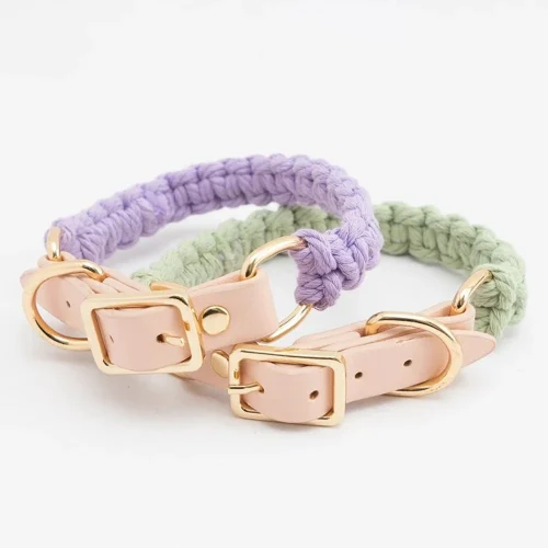 Hand-knitted Vegan Dog Collar and Leash Set PU material and metal accessories