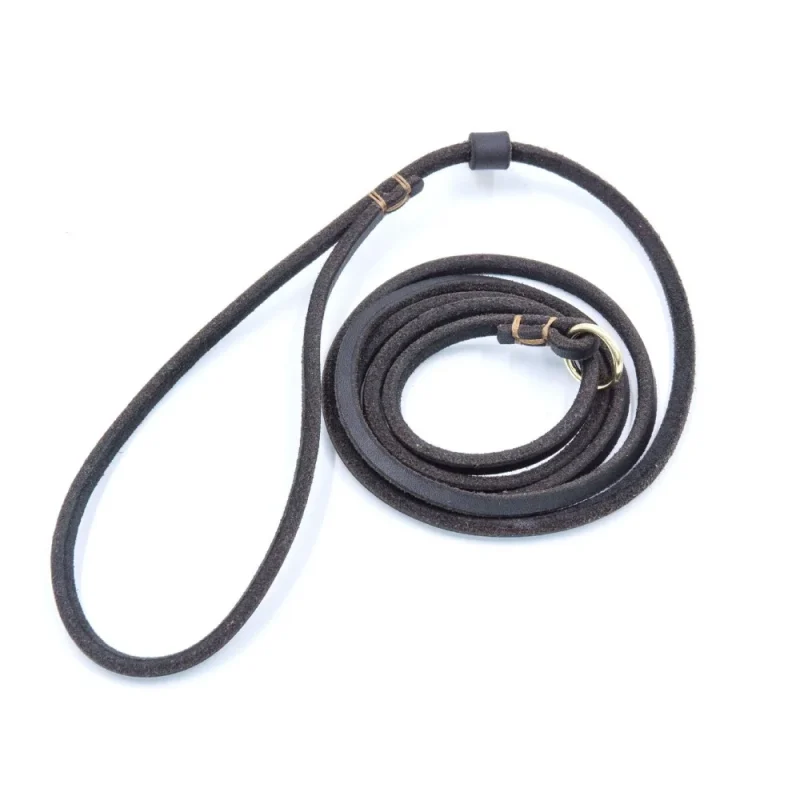leather dog leash slip lead thin adjustable collar black color