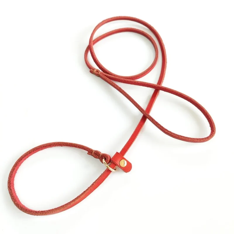 leather dog leash slip lead thin adjustable collar red color