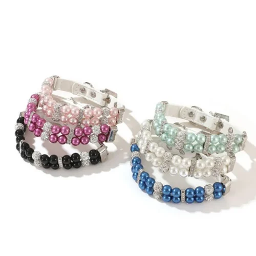 Dog Cat Pearls Necklace Collar with Rhinestones Charm