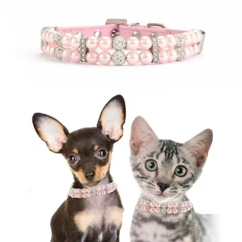 Dog Cat Pearls Necklace Collar with Rhinestones Charm
