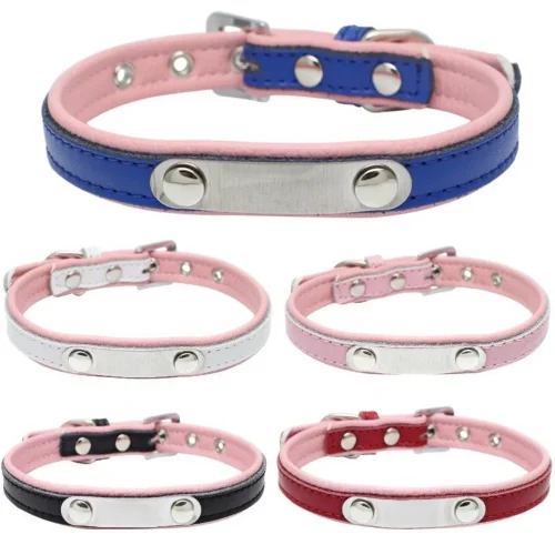 Adjustable PU Leather Pet Collar with Engraved ID Tag and Padded