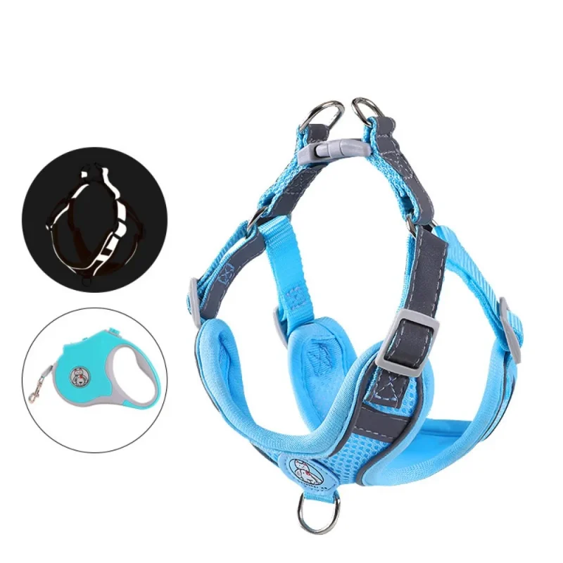 Small Dog Harness Reflective Strap Vest with Retractable Leash blue color set
