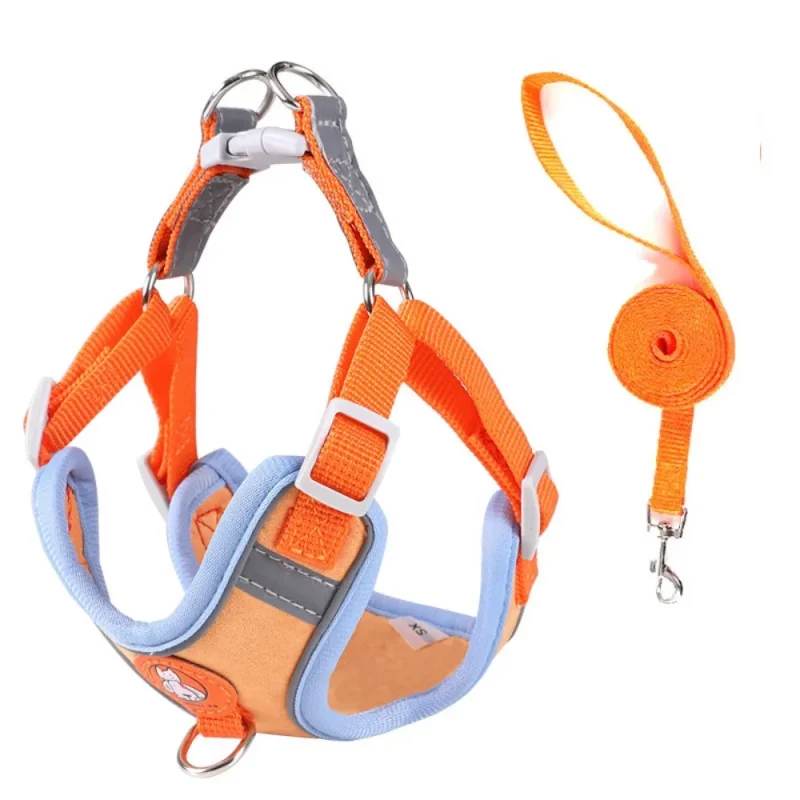 Suede adjustable pet safety vest harness with leash orange set