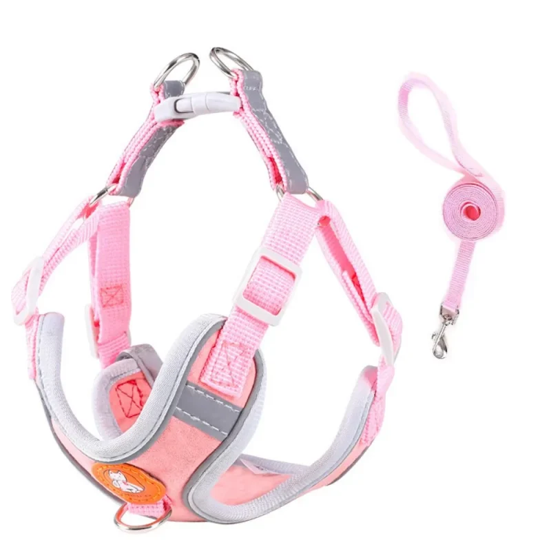 Suede adjustable pet safety vest harness with leash pink set