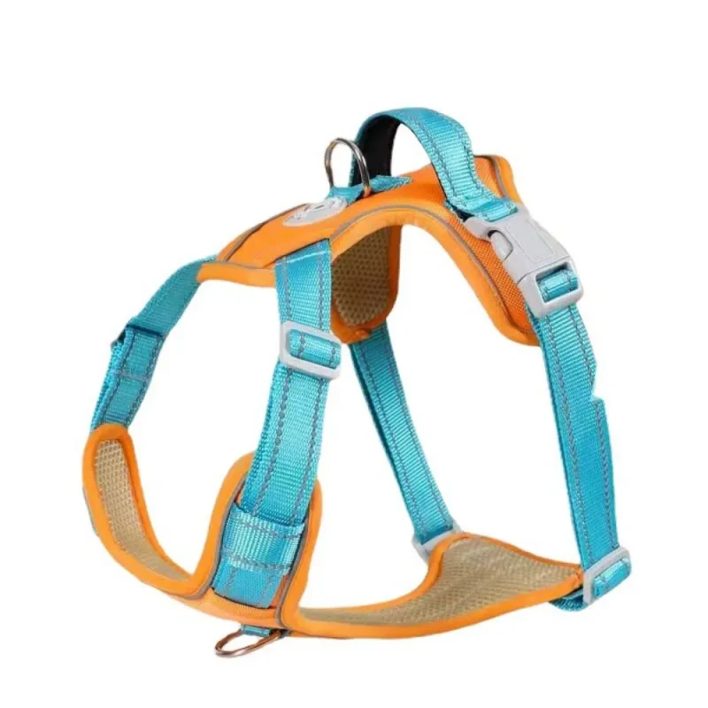 reflective Oxford adjustable soft padded dog harness orange and blue color