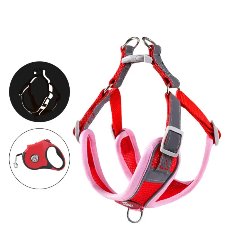 Small Dog Harness Reflective Strap Vest with Retractable Leash red color set