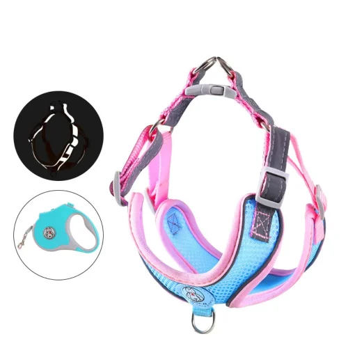 Small Dog Harness Reflective Strap Vest with Retractable Leash pink and blue color set