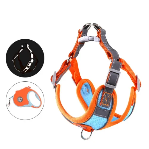 Small Dog Harness Reflective Strap Vest with Retractable Leash orange and blue set