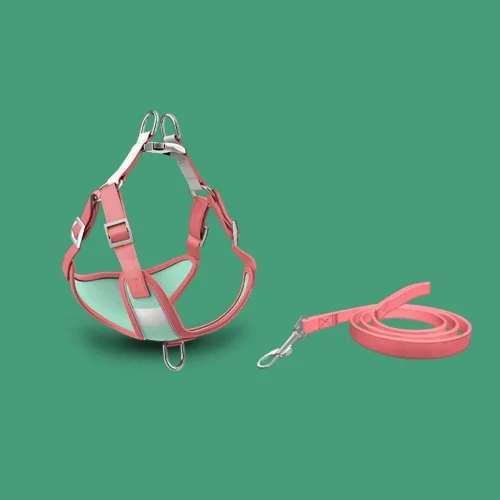 comfortable durable adjust suede vest harness dog lead pink and green color