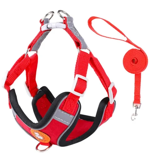 Suede adjustable pet safety vest harness with leash red set